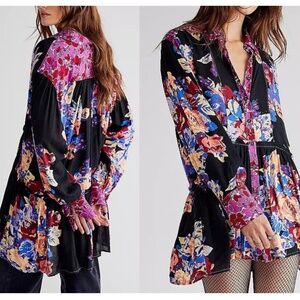 Free People Blouse Brunch a Bunch Tunic Small Floral Long Sleeve Boho Top